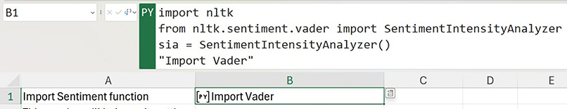 Screenshot of Excel showing Python code importing NLTK VADER sentiment analysis and the text “Import Vader” in a worksheet cell.