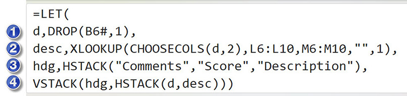 Excel LET formula using XLOOKUP, HSTACK and VSTACK to combine comments, scores and sentiment descriptions.
