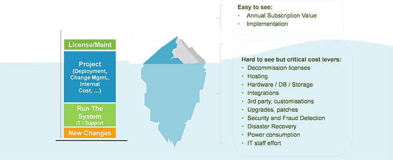 Image of an iceberg which is broken up from top to bottom: license/maint, project (deployment, change mgmt, internal cost...). Text: Easy to see, annual subscription value and implmentation. Hard to but critical cost levers: decommission licenses, hosting, hardware/DB/storage, integrations, 3rd party, customisations, upgrades, patches, security and fraud detection, disaster recovery, power consumption, IT staff effort.