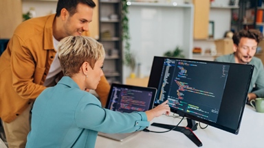 Two workers looking at computer in office