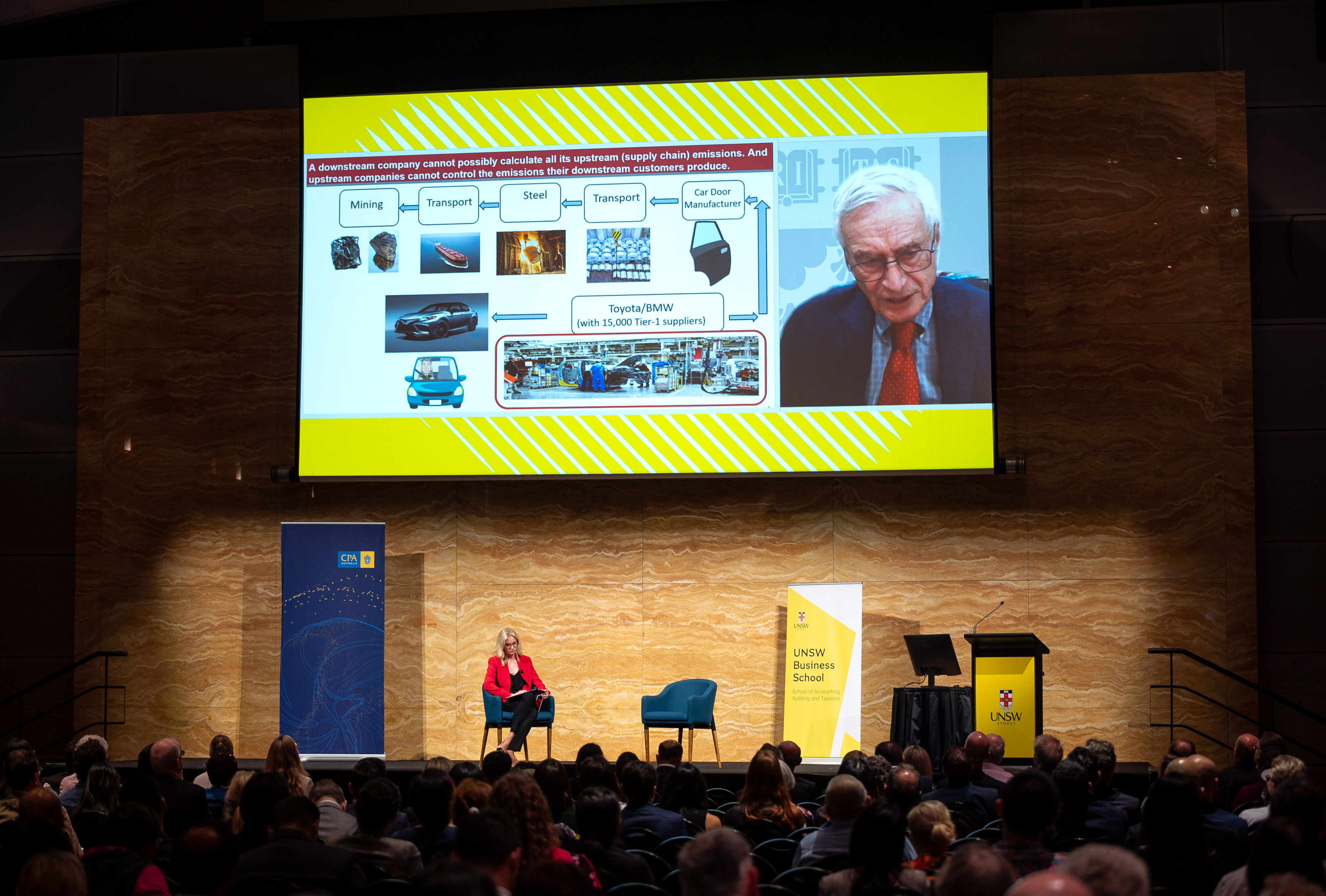 Robert Kaplan, Senior Fellow and Marvin Bower Professor of Leadership Development, Emeritus at Harvard Business School, discusses e-liability accounting with the audience at the Bill Birkett Memorial Lecture