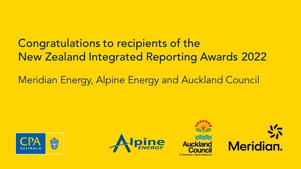 Banner congratulating Alpine, Meridian and Auckland Council for winning the NZ Integrated Reporting Awards for 2022