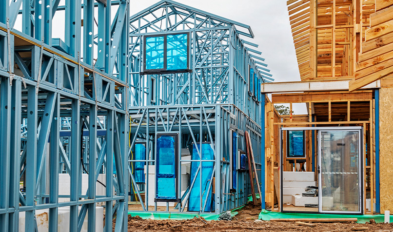 Building construction site, new housing development, metal and timber frame