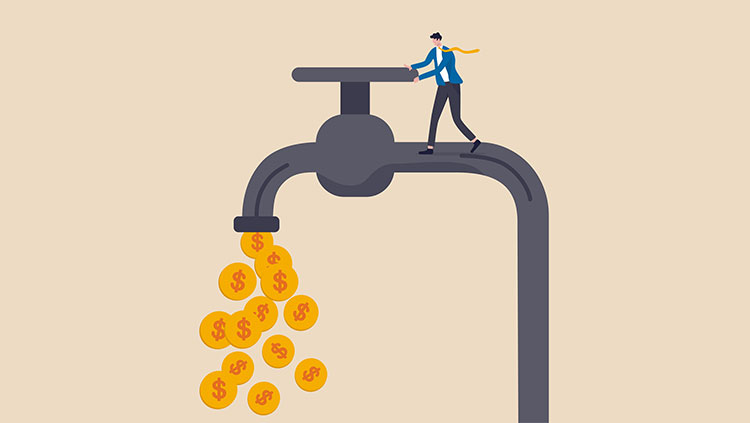 Business person tap money running