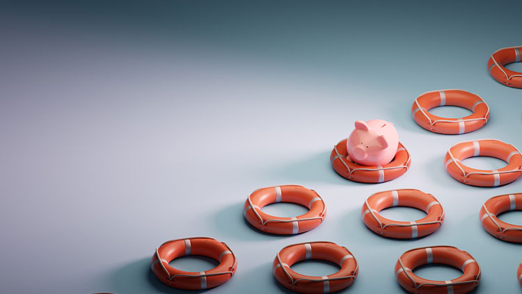 Life buoys one with piggy bank