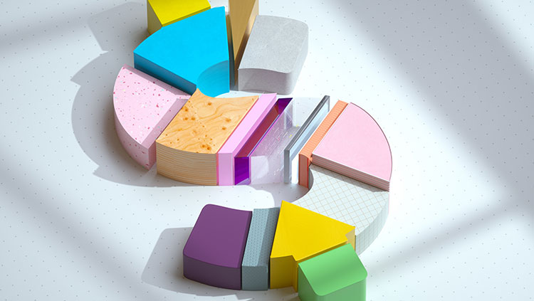 Dollar sign broken into different colourful pieces