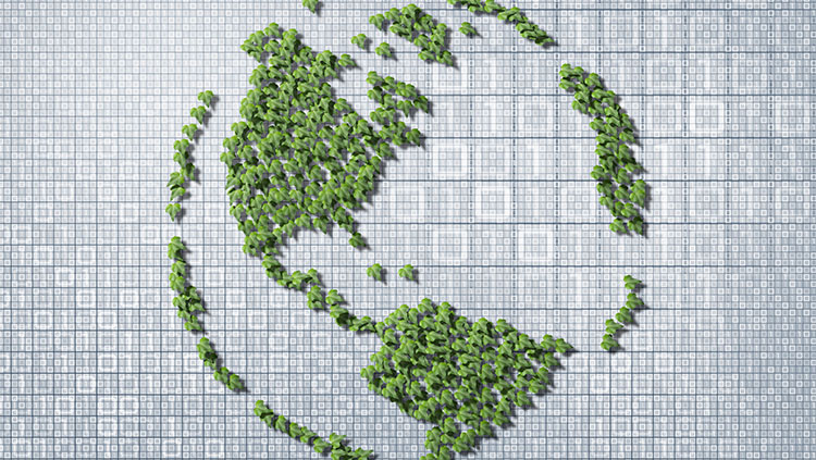 Globe made of ivy with binary code on background