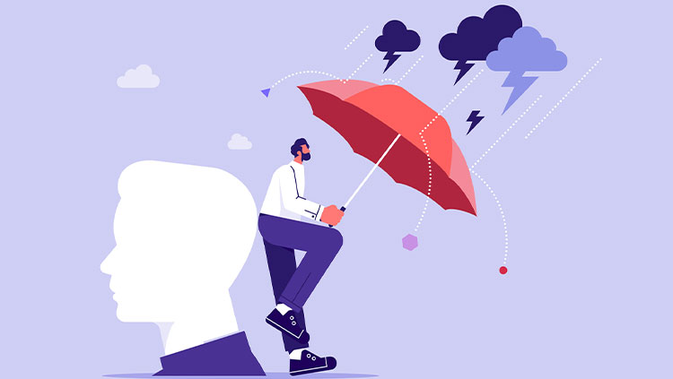 Illustration person holding umbrella protecting head