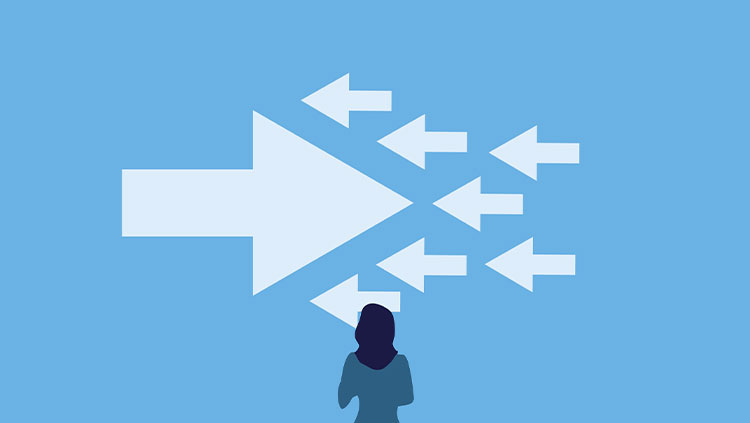 Person looking at arrows different directions