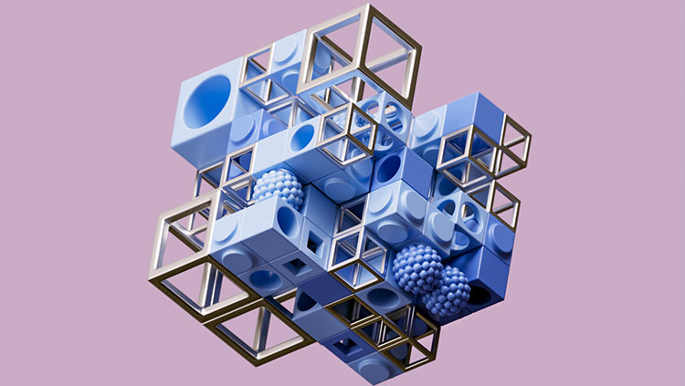 Digital generated image of cubes and spheres connecting