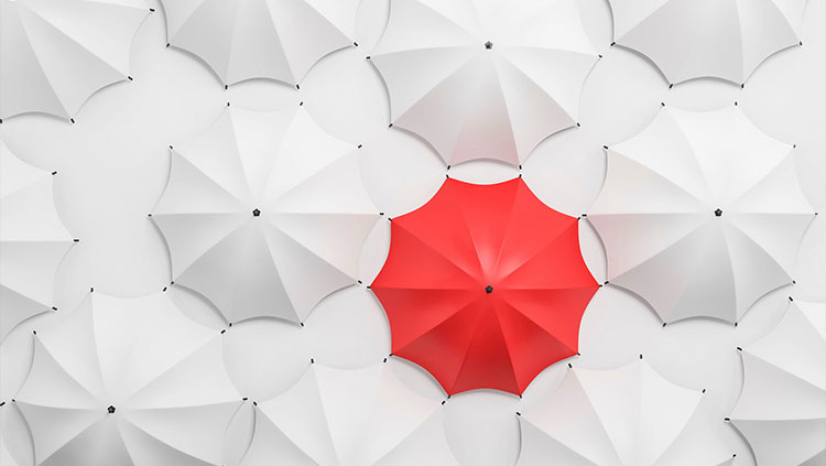 White umbrellas one red umbrella