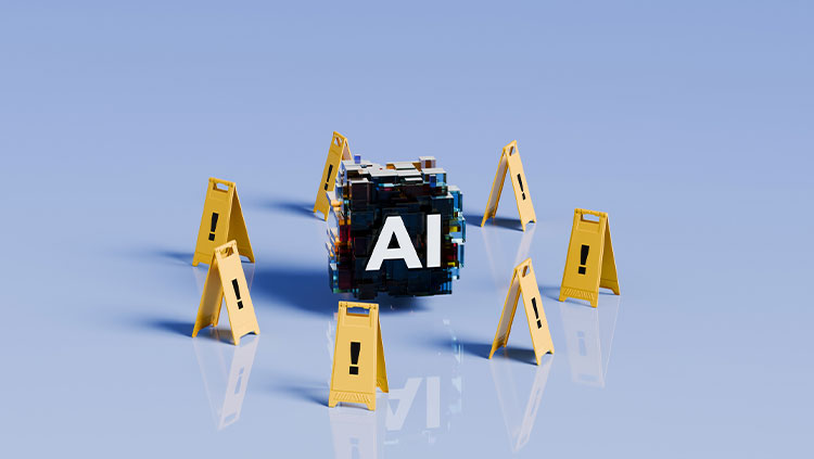 Foldable yellow floor signs with with exclamation marks surrounding an AI symbol