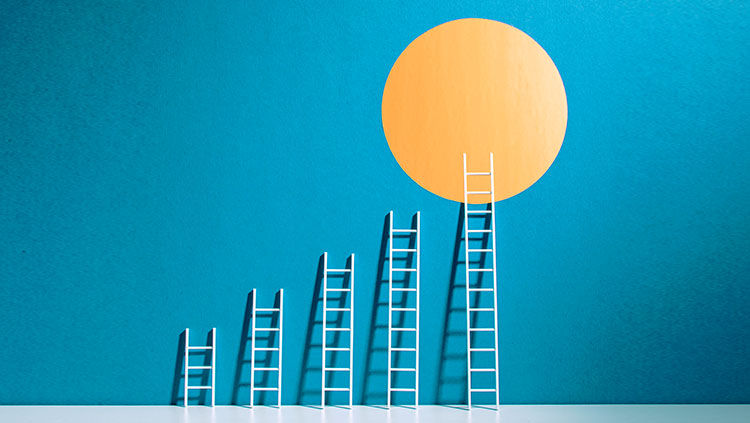 5 ladders different heights yellow circle