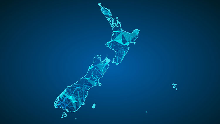 Digital illustration of New Zealand’s map outlined in glowing blue lines and network connections on a dark blue background, representing data, connectivity, or technology.