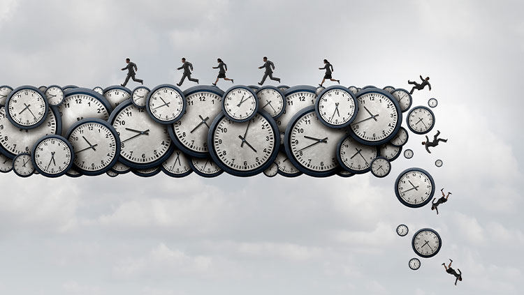 Business people running away from falling clock objects