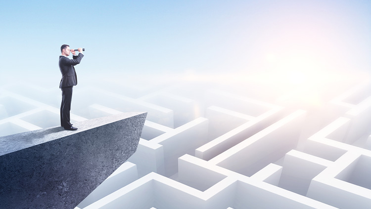 Person in business attire standing on a concrete platform above a maze, using binoculars to look ahead.