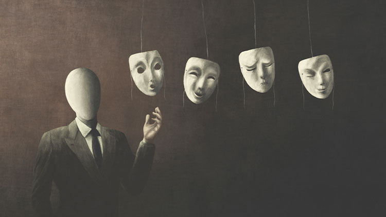 Faceless business person choosing from three different masks hanging from ceiling on dark background