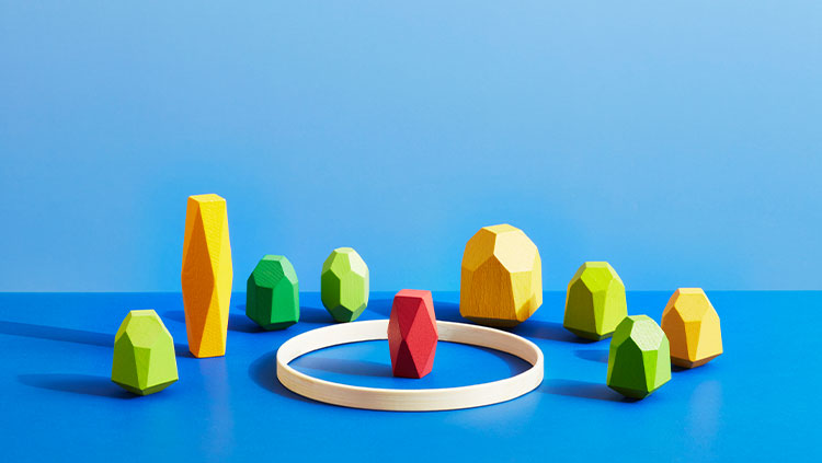 A group of coloured pebbles around a red pebble inside a circle