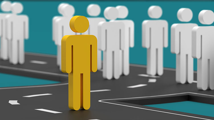 Group people cutouts one on different path