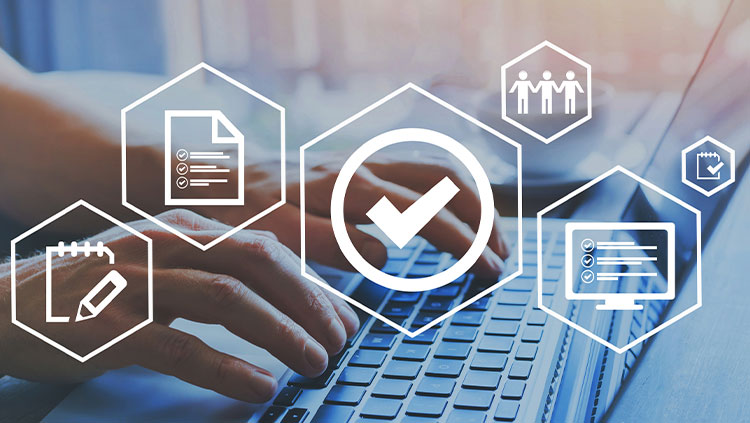 Hands typing keyword with business icons