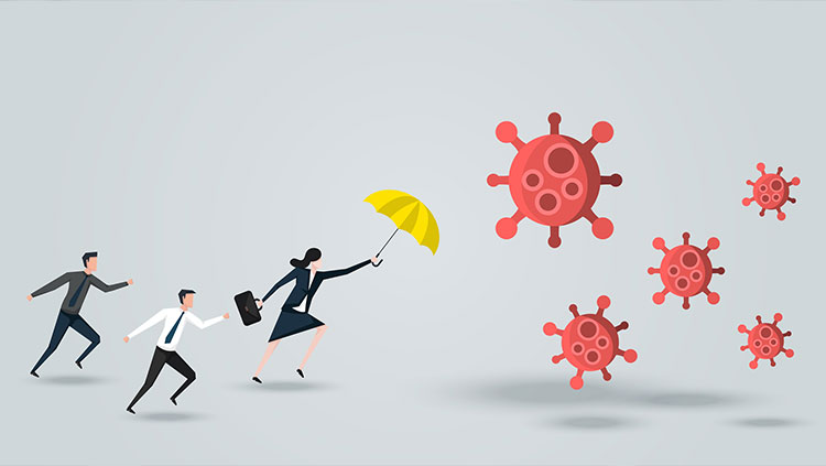 Illustration Business people holding umbrella fighting covid