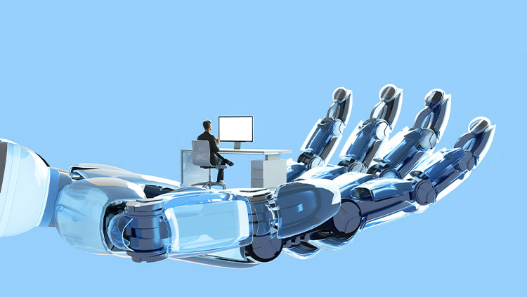 Illustration of a large robotic hand supporting a small desk where a person sits at a computer, symbolising artificial intelligence assisting or enabling human work.