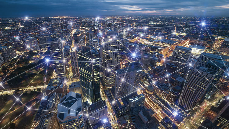 City buildings connected data lines