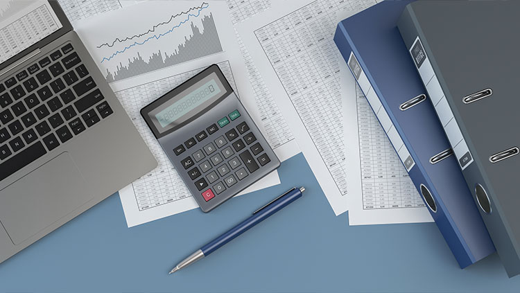 Desk laptop calculator papers