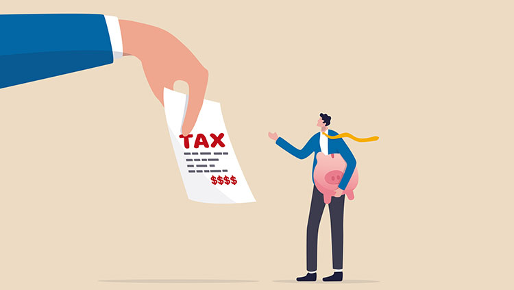 Illustration hand holding tax letter person holding piggy bank