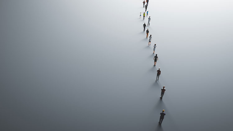 Small figures of people spaced apart in a single-file line across a wide, light grey background, forming a diagonal path with long shadows