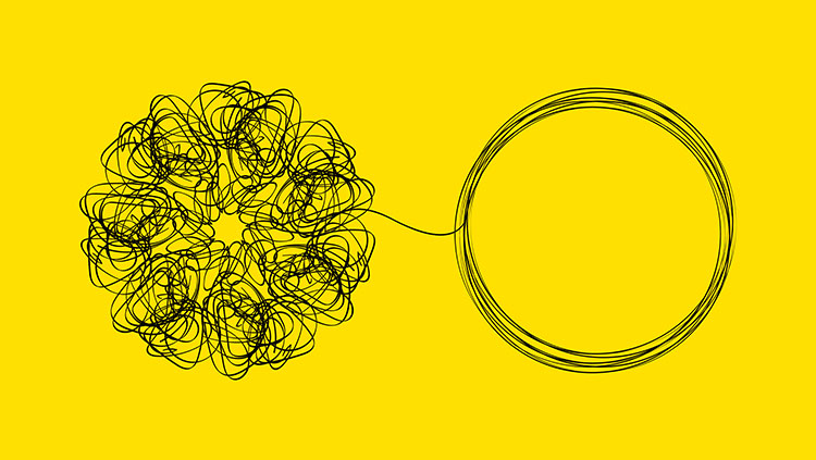 Tangled black lines connected to a neat circular line on a yellow background, symbolising clarity emerging from complexity.