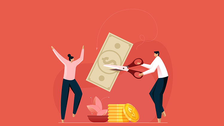 Two people one cutting money