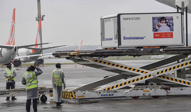 A container carrying a first batch of 120,000 doses of the CoronaVac vaccine, developed by Chinese laboratory Sinovac Biotech, is unloaded at Guarulhos International Airport in Brazil, in November 2020.