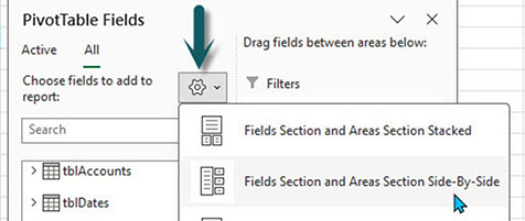 Excel PivotTable Fields pane with layout options menu open, showing settings to switch between stacked and side‑by‑side field and area sections, with a highlighted settings icon.