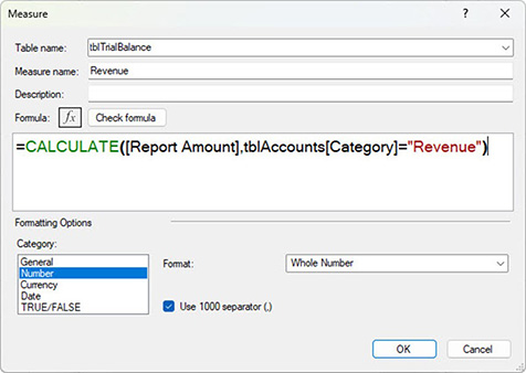 Excel Power Pivot ‘New Measure’ dialog showing a DAX formula using CALCULATE to filter Report Amount for accounts where the category equals ‘Revenue’, with number formatting options displayed.
